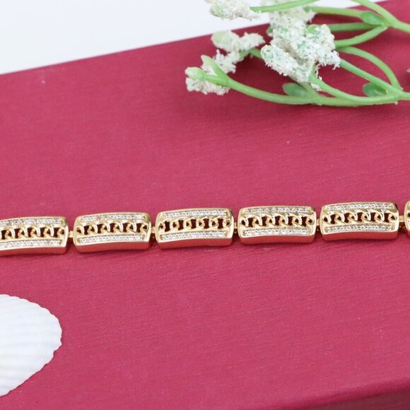 "Rose Gold Rectangular Link Bracelet with Cubic Zirconia Accents, XPBL0971 - Picture 12 of 13